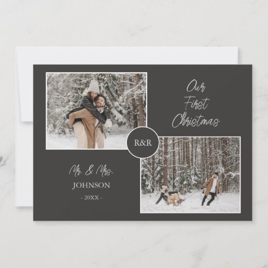 私たちの初めてのクリスマスミスターとミセスおもしろいのホリデーフォト シーズンカード (正面)