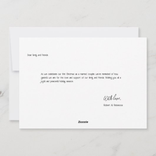 私たちの初めてのクリスマスミスターとミセスおもしろいのホリデーフォト シーズンカード (裏面)