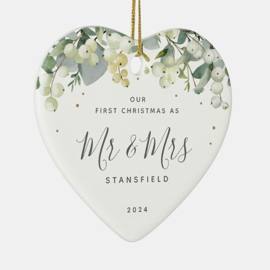 私たちの初めてのクリスマスミスター&ミセス写真ハートの形 セラミックオーナメント (右)