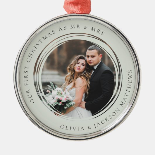 私たちの初めてのクリスマスミスター&ミセス写真 メタルオーナメント (正面)