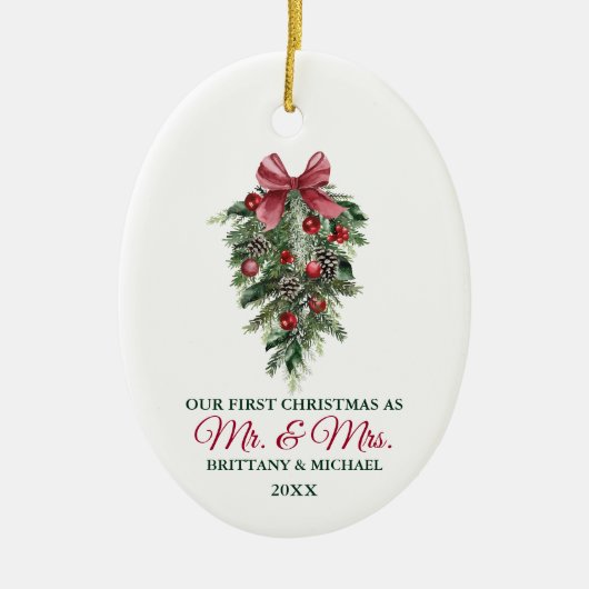 私たちの初めてのクリスマスミスター・ミセス・ウォーター・カラー・パインズ セラミックオーナメント (正面)
