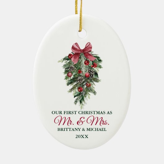 私たちの初めてのクリスマスミスター・ミセス・ウォーター・カラー・パインズ セラミックオーナメント (裏面)