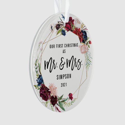 私たちの初めてのクリスマスミスター&ミセス |最初の結婚した写真 オーナメント (正面)