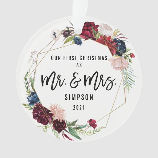 私たちの初めてのクリスマスミスター&ミセス |最初の結婚した写真 オーナメント (正面)