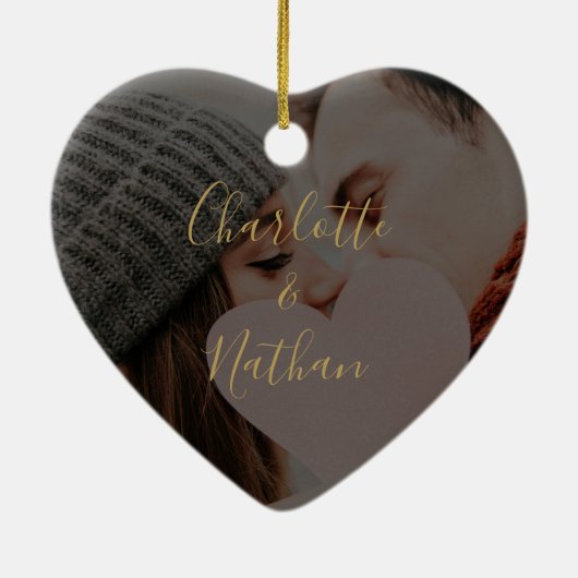 私たちの初めてのクリスマスミセス・金ゴールド愛ハート写真  セラミックオーナメント (裏面)
