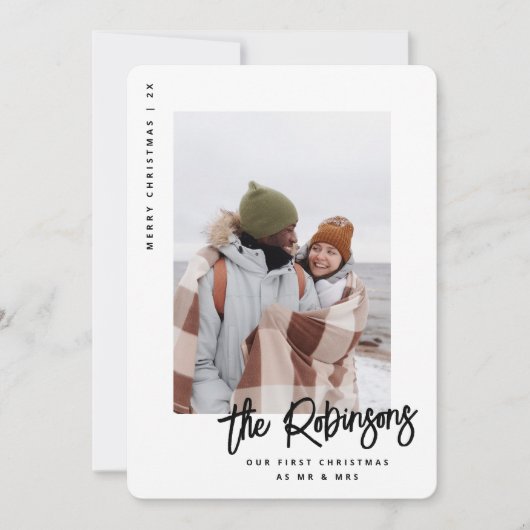 私たちの初めてのクリスマスモダンの結婚した新しい写真 シーズンカード (正面)