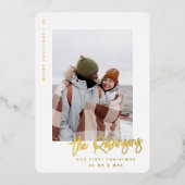 私たちの初めてのクリスマスモダンの結婚した新しい写真 箔シーズンカード (正面)