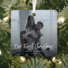 私たちの初めてのクリスマスモダンミニマル写真 メタルオーナメント