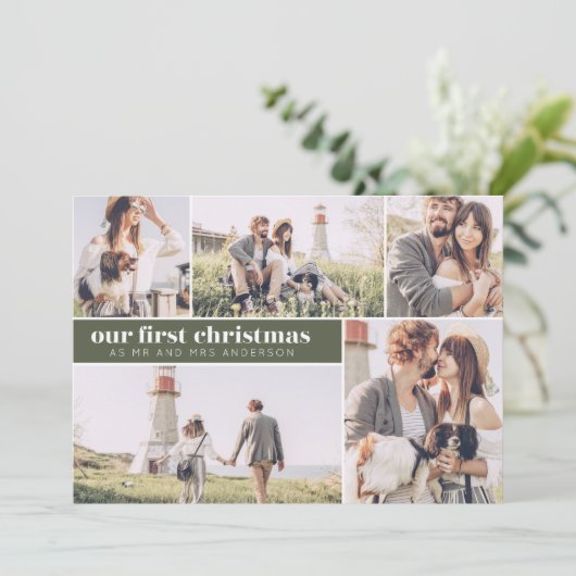 私たちの初めてのクリスマスモダン写真コラージュのクリスマス シーズンカード (スタンド正面)