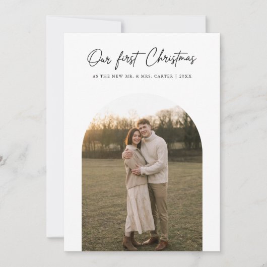 私たちの初めてのクリスマスモダンArch写真Newlyweds シーズンカード (正面)