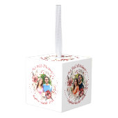 私たちの初めてのクリスマスリースと花の写真 キューブオーナメント (裏面アングル)