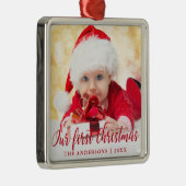 私たちの初めてのクリスマスレッドスクリプトフォトスクエア メタルオーナメント (右)