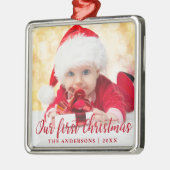 私たちの初めてのクリスマスレッドスクリプトフォトスクエア メタルオーナメント (左)