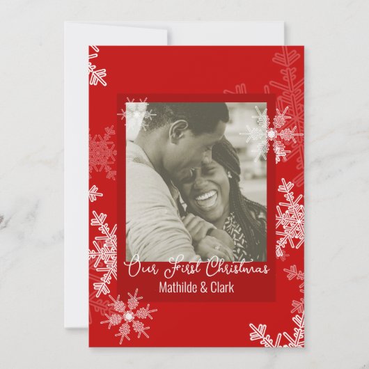 私たちの初めてのクリスマスレッドスノーフレークスミニマリスト シーズンカード (正面)