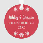 私たちの初めてのクリスマスレッドスノーフレーク写真 オーナメント (裏面)