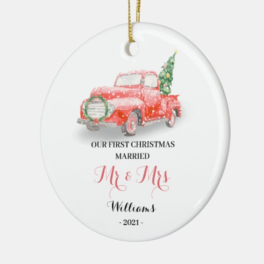 私たちの初めてのクリスマスレッドトラックセラミックオーナメント セラミックオーナメント (左)