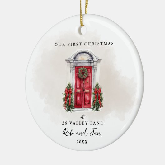 私たちの初めてのクリスマスレッドドアカップル写真記念 セラミックオーナメント (左)