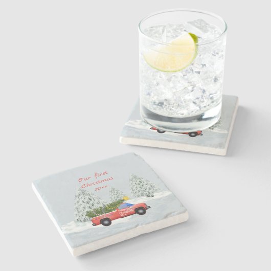 私たちの初めてのクリスマスヴィンテージトラックオーナメント ストーンコースター (横)