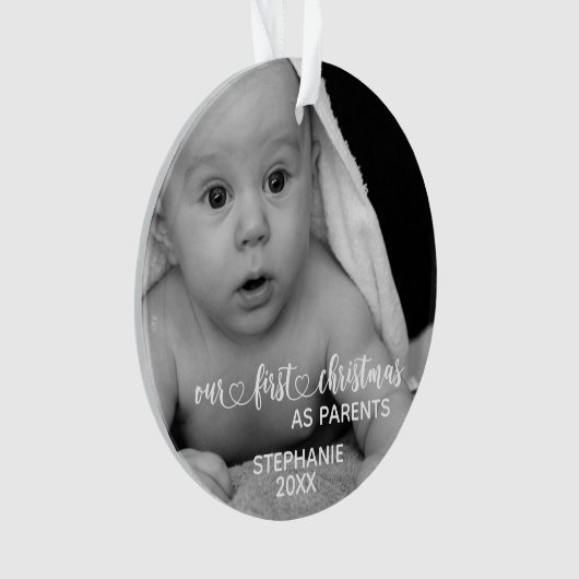 私たちの初めてのクリスマス両親の手書き写真 オーナメント (正面)