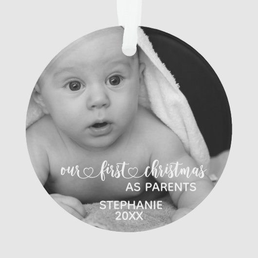私たちの初めてのクリスマス両親の手書き写真 オーナメント (裏面)