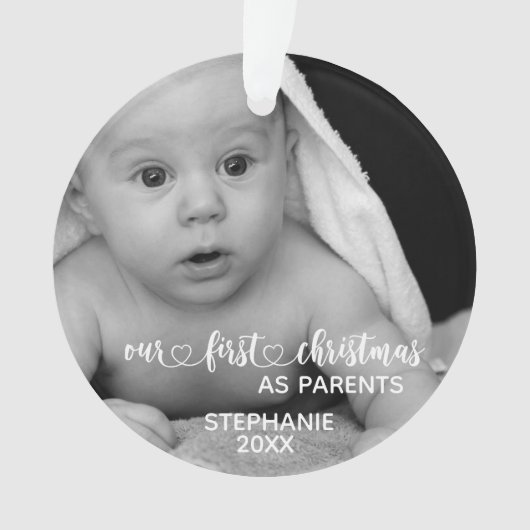 私たちの初めてのクリスマス両親の手書き写真 オーナメント (正面)