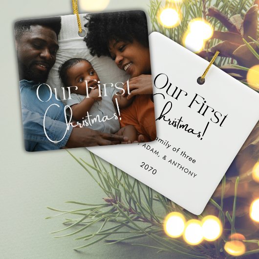 私たちの初めてのクリスマス写真ミニマル書道 セラミックオーナメント