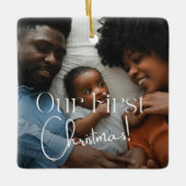 私たちの初めてのクリスマス写真ミニマル書道 セラミックオーナメント (正面)