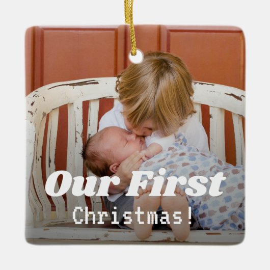 私たちの初めてのクリスマス写真モダン書道 セラミックオーナメント (正面)
