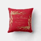 私たちの初めてのクリスマス写真金ゴールドリースオン赤 クッション (裏面)