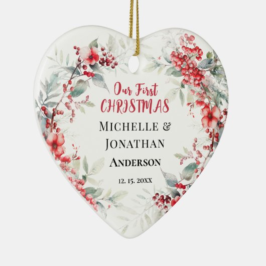 私たちの初めてのクリスマス冬のフローラハート セラミックオーナメント (右)