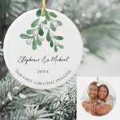 私たちの初めてのクリスマス婚約したのミスタントー写真 セラミックオーナメント