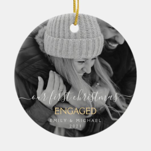 私たちの初めてのクリスマス婚約したの手書き写真 セラミックオーナメント (正面)