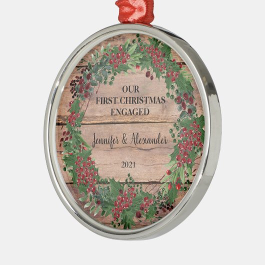 私たちの初めてのクリスマス婚約したの素朴な木の果実 メタルオーナメント (左)