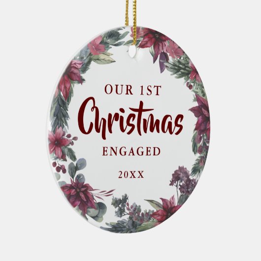 私たちの初めてのクリスマス婚約したカップルの写真フローラ セラミックオーナメント (右)