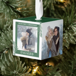 私たちの初めてのクリスマス婚約したグリーン3 Photo Green キューブオーナメント