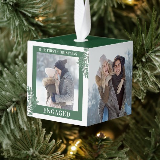 私たちの初めてのクリスマス婚約したグリーン3 Photo Green キューブオーナメント (ツリー)