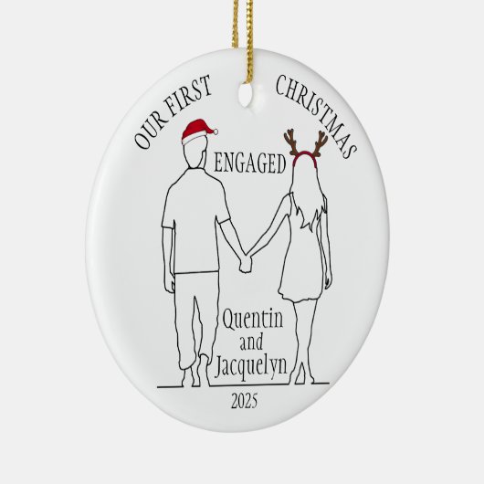 私たちの初めてのクリスマス婚約したサンタハット&〔雄ジカの〕枝角 セラミックオーナメント (右)