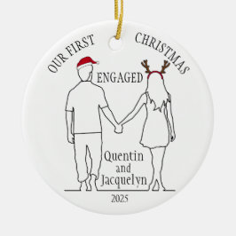 私たちの初めてのクリスマス婚約したサンタハット&〔雄ジカの〕枝角 セラミックオーナメント