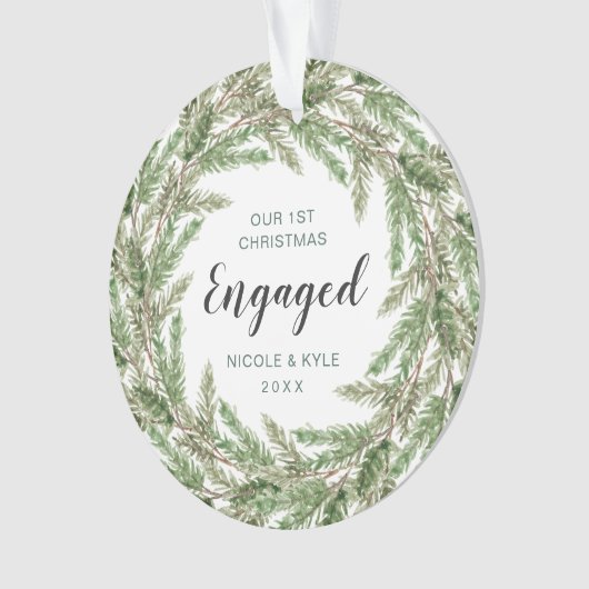 私たちの初めてのクリスマス婚約したパインリース写真 オーナメント (正面)
