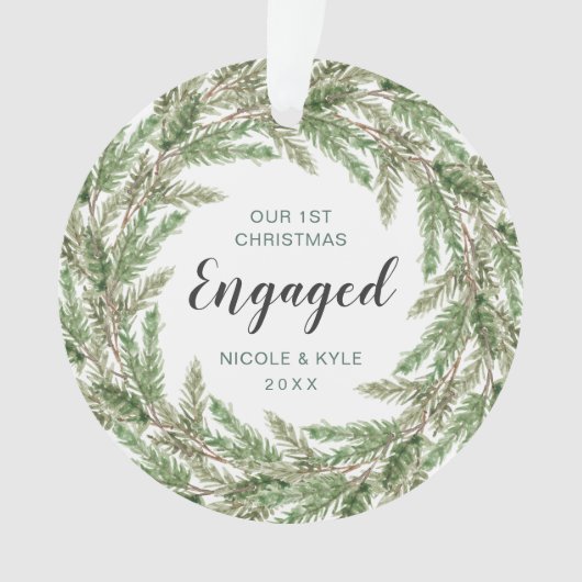 私たちの初めてのクリスマス婚約したパインリース写真 オーナメント (正面)