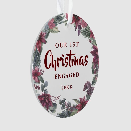 私たちの初めてのクリスマス婚約したフローラカップルの写真 オーナメント (正面)