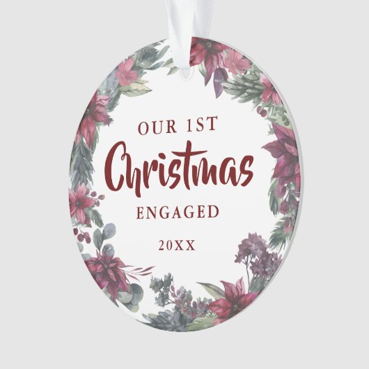 私たちの初めてのクリスマス婚約したフローラカップルの写真 オーナメント (正面)