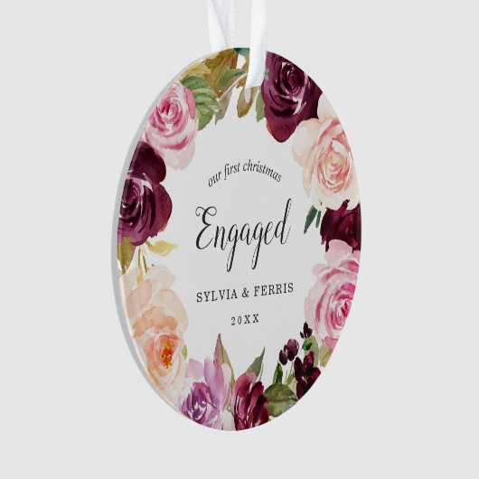 私たちの初めてのクリスマス婚約したプラムフローラ写真 オーナメント (正面)