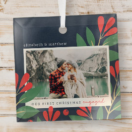 私たちの初めてのクリスマス婚約したモダンの葉写真 ガラスオーナメント