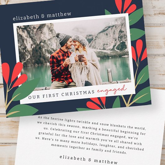 私たちの初めてのクリスマス婚約したモダンの葉写真 ノートカード