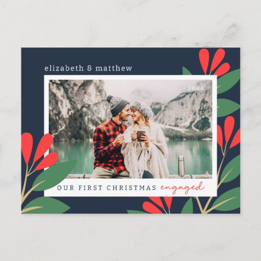 私たちの初めてのクリスマス婚約したモダンの葉写真 ポストカード (正面)