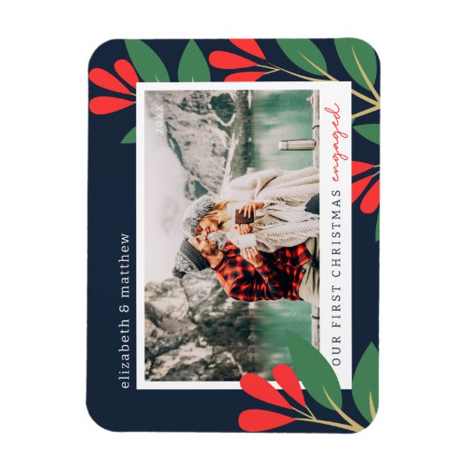 私たちの初めてのクリスマス婚約したモダンの葉写真 マグネット (縦)