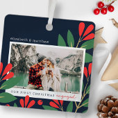 私たちの初めてのクリスマス婚約したモダンの葉写真 メタルオーナメント