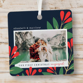 私たちの初めてのクリスマス婚約したモダンの葉写真 メタルオーナメント