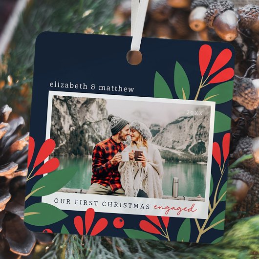 私たちの初めてのクリスマス婚約したモダンの葉写真 メタルオーナメント